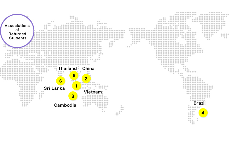 Places with former students&#039; associations--1) Vietnam, 2) China, 3) Cambodia, 4) Brazil, 5)Thailand, 6) Sri Lanka.
