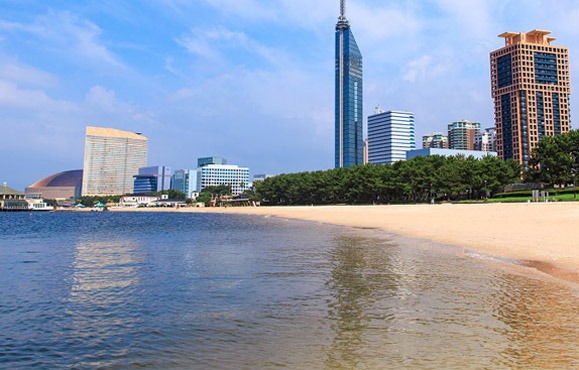 Pemandangan pantai Momochi di hari yang cerah