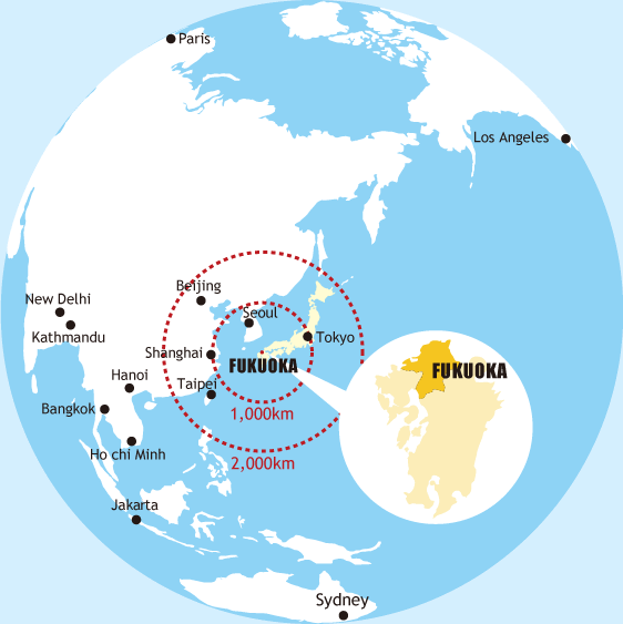 An illustrated map showing Fukuoka and nearby cities. Seoul and Shanghai are within 1,000km of Fukuoka, while Taipei and Beijing are within 2,000km.