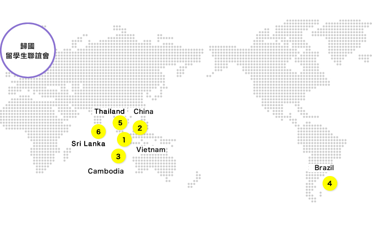 標示有前留學生會的國家與地區的圖。在世界地點上有記載編號與國家、地區名。1.越南、2.中國、3.柬埔寨、4.巴西、5.泰國、6.斯里蘭卡
